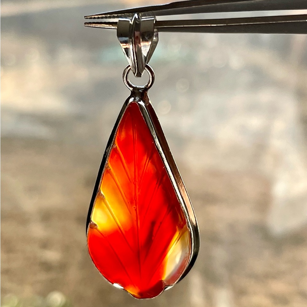 Carved Red-Orange Leaf Pendant